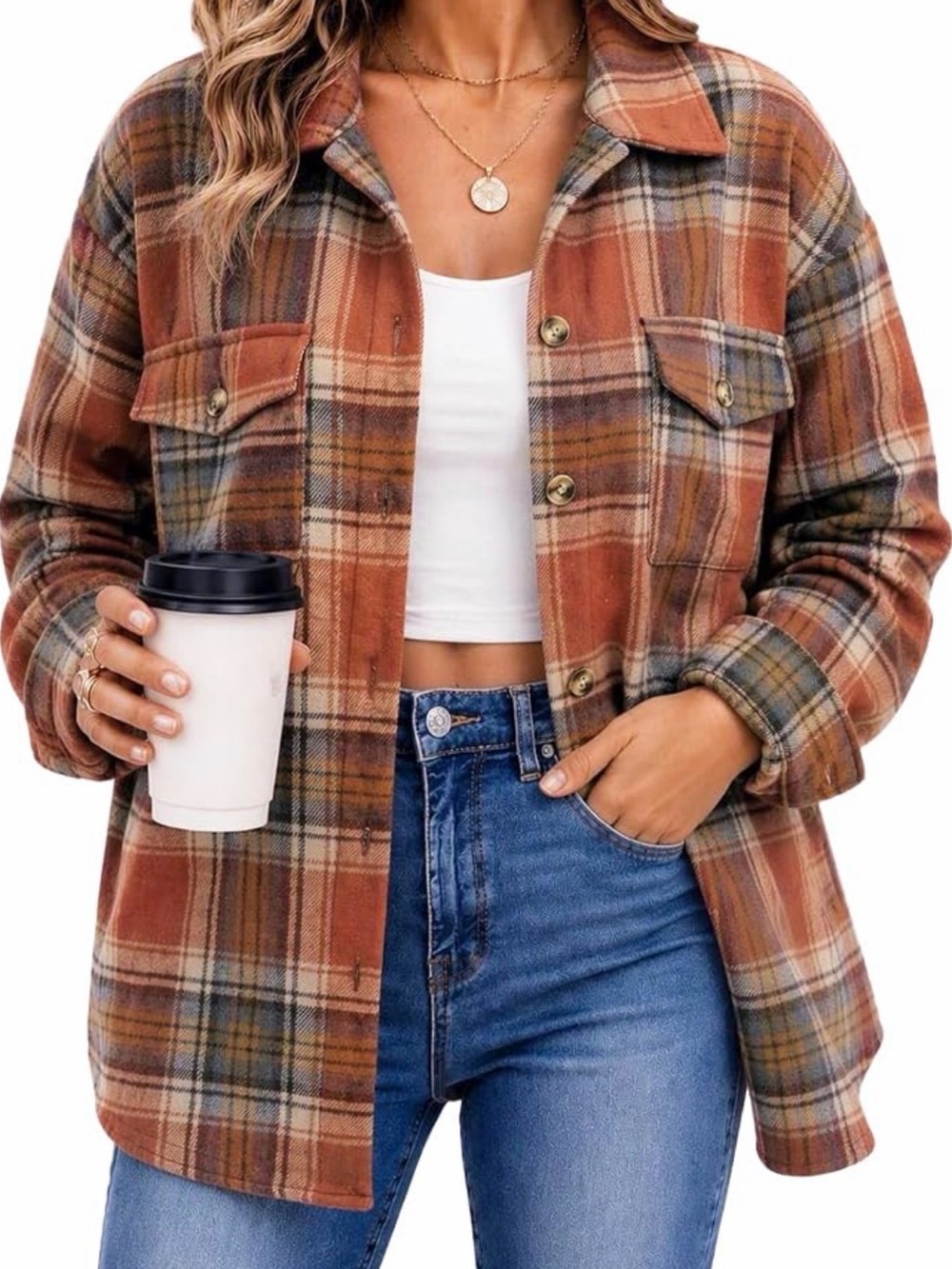Plaid Button-Up Shacket Jacket in Rust Multi - Picture 2 of 8